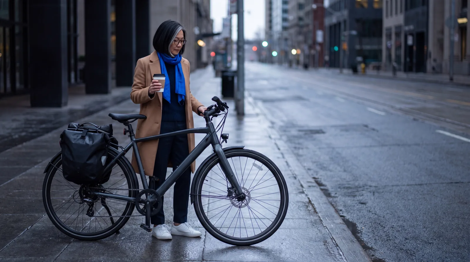 Row of commuter electric bikes lined up for a daily city ride