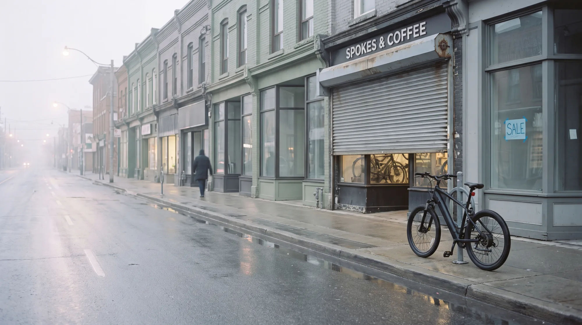First light over a row of shops, shutters going up