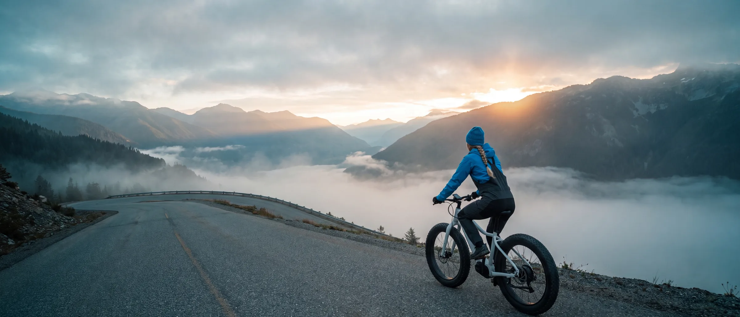 Cyclist on a fat-tire e-bike pausing on a mountain road above a fog-filled valley at sunrise